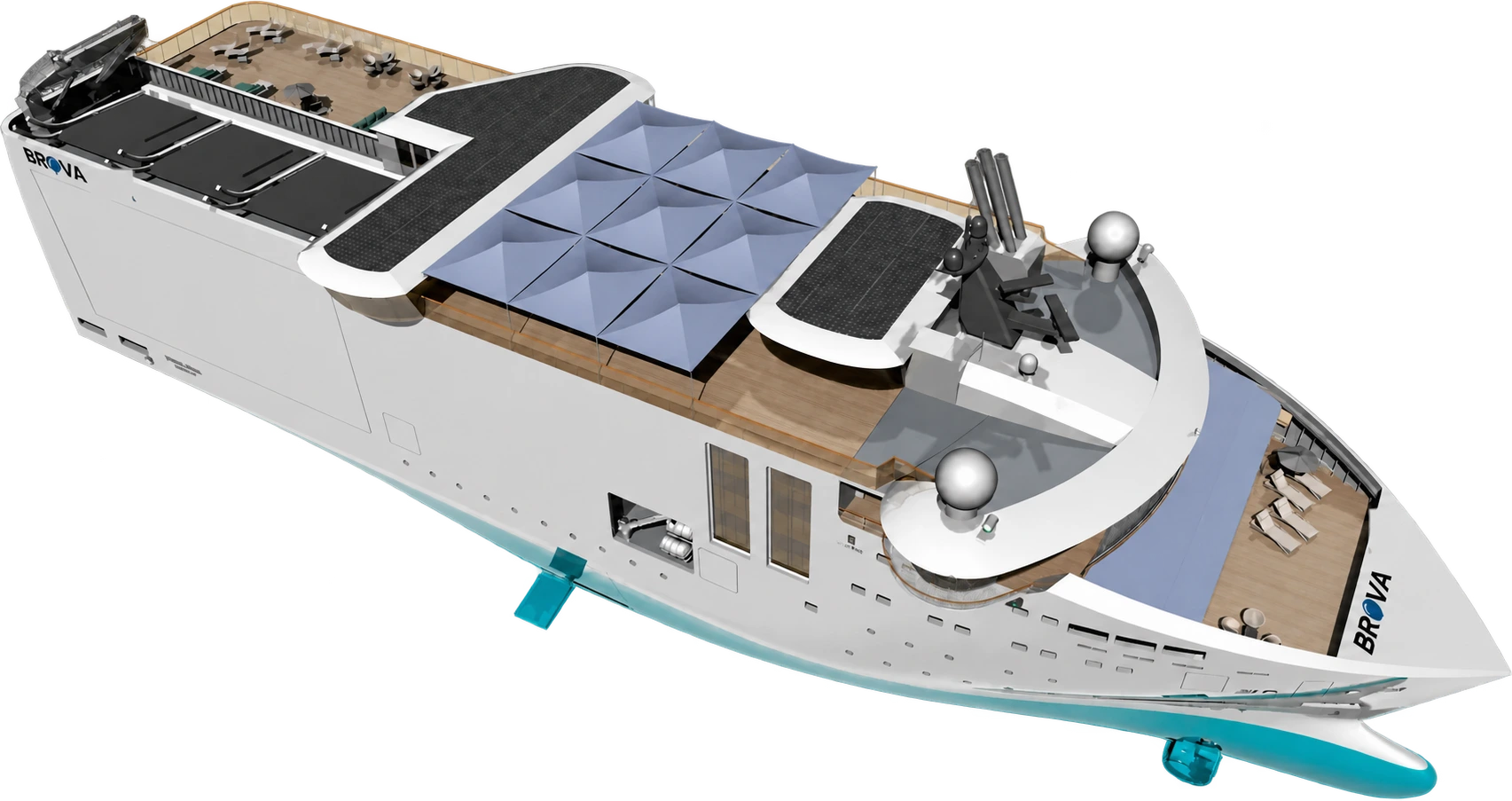 Brova 1 from above: open top deck, solar canopy and the stage doors along the side.